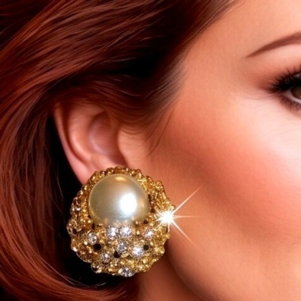 Vintage NOS Sue Ellen Gold Tone Faux Pearl Clear Rhinestone Crown Clip Earrings